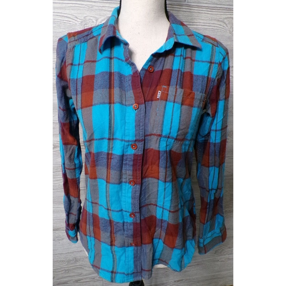 Kavu Women's S Plaid Button Flannel Shirt Teal Burgundy Pocket Hiking Gorpcore - Picture 4 of 11